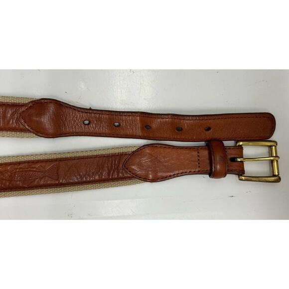LL Bean Brown Leather Khaki Canvas Fish Embossed Belt Canada Size 44 - Picture 4 of 8